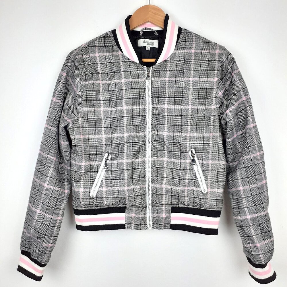 Y2K Vibe Spring Bomber Jacket Size M Gray Black White Pink Plaid Charlotte Russe